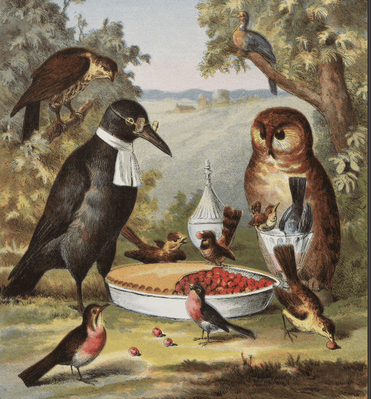 Ilustración Vintage de Pájaros en un Banquete