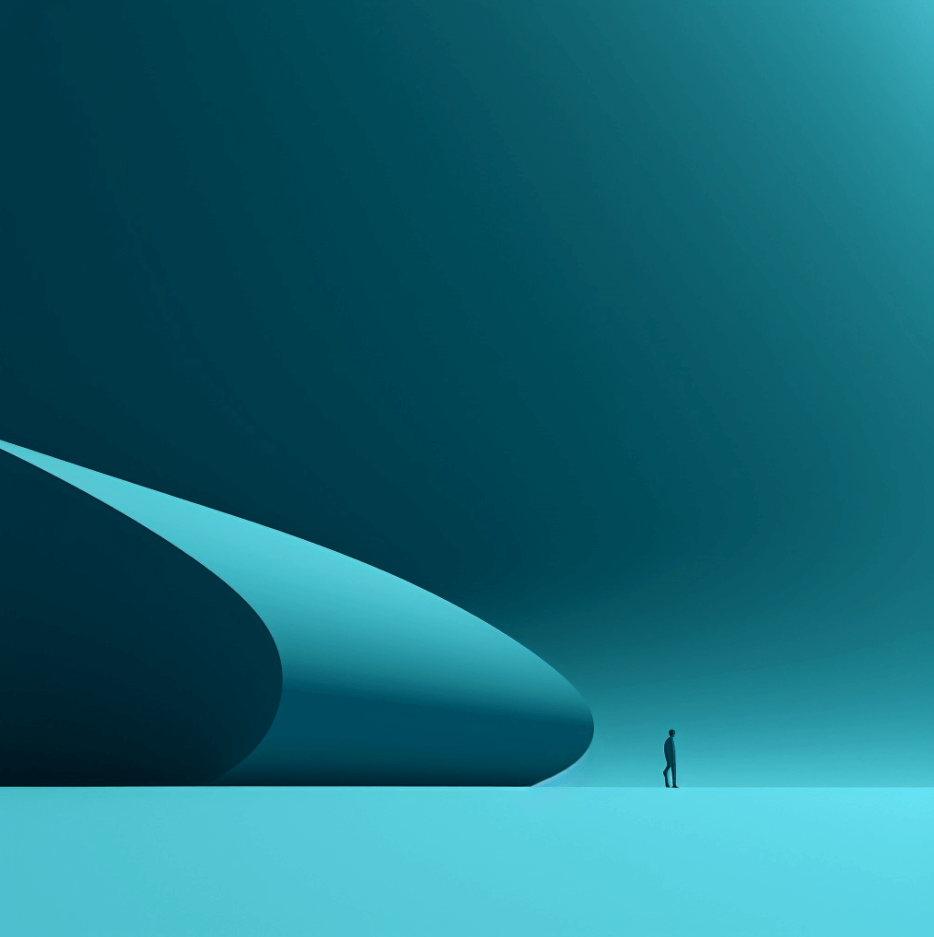 Hombre Solitario en Paisaje Abstracto Azul